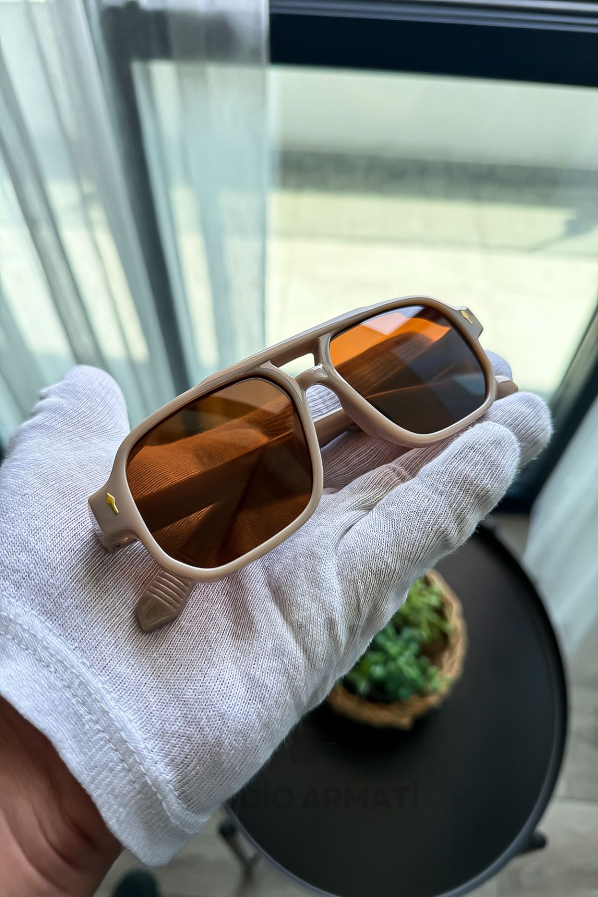Güneş Gözlüğü Kadın & Erkek Uv400 Cam Ce Belgeli Bej Unisex Model-50 Krem