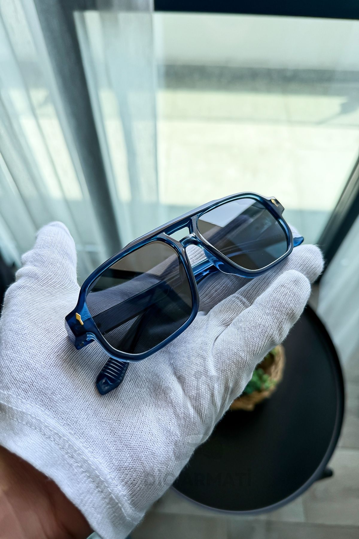 Güneş Gözlüğü Kadın & Erkek Uv400 Cam Ce Belgeli Bej Unisex Model-60 Mavi