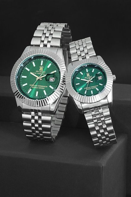 2 Li Sevgili Seti Paslanmaz Ipc Kaplama Lüx Spor Metal Erkek Kol Saati Yeşil